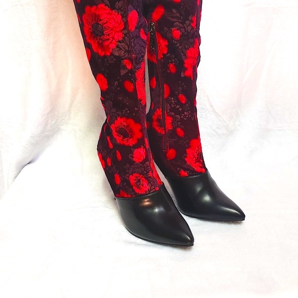 Mac J Black Cherry Stretch Velvet Red Floral OTK Stocking Boots 3.5" High Heel - Picture 11 of 15